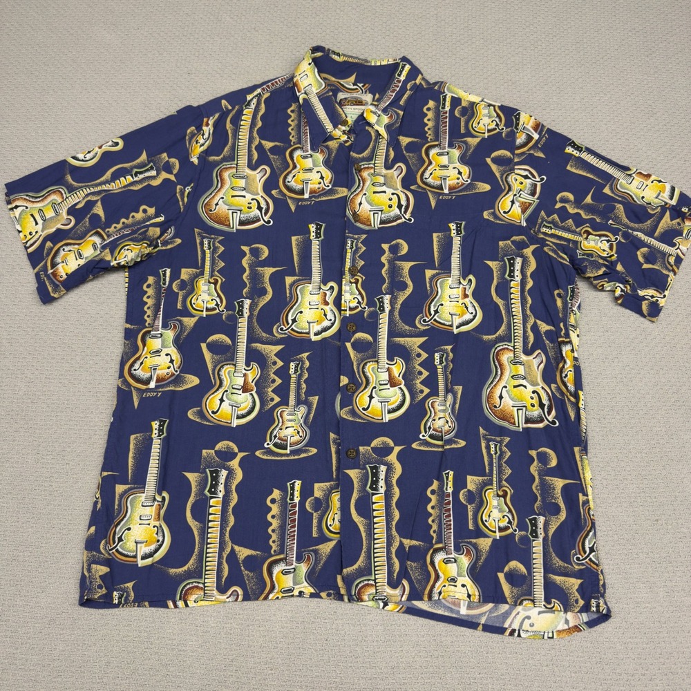 Vtg Reyn Spooner Shirt Mens Large Rayon Art of Eddy Guitar Tiki Surf Beach Retro